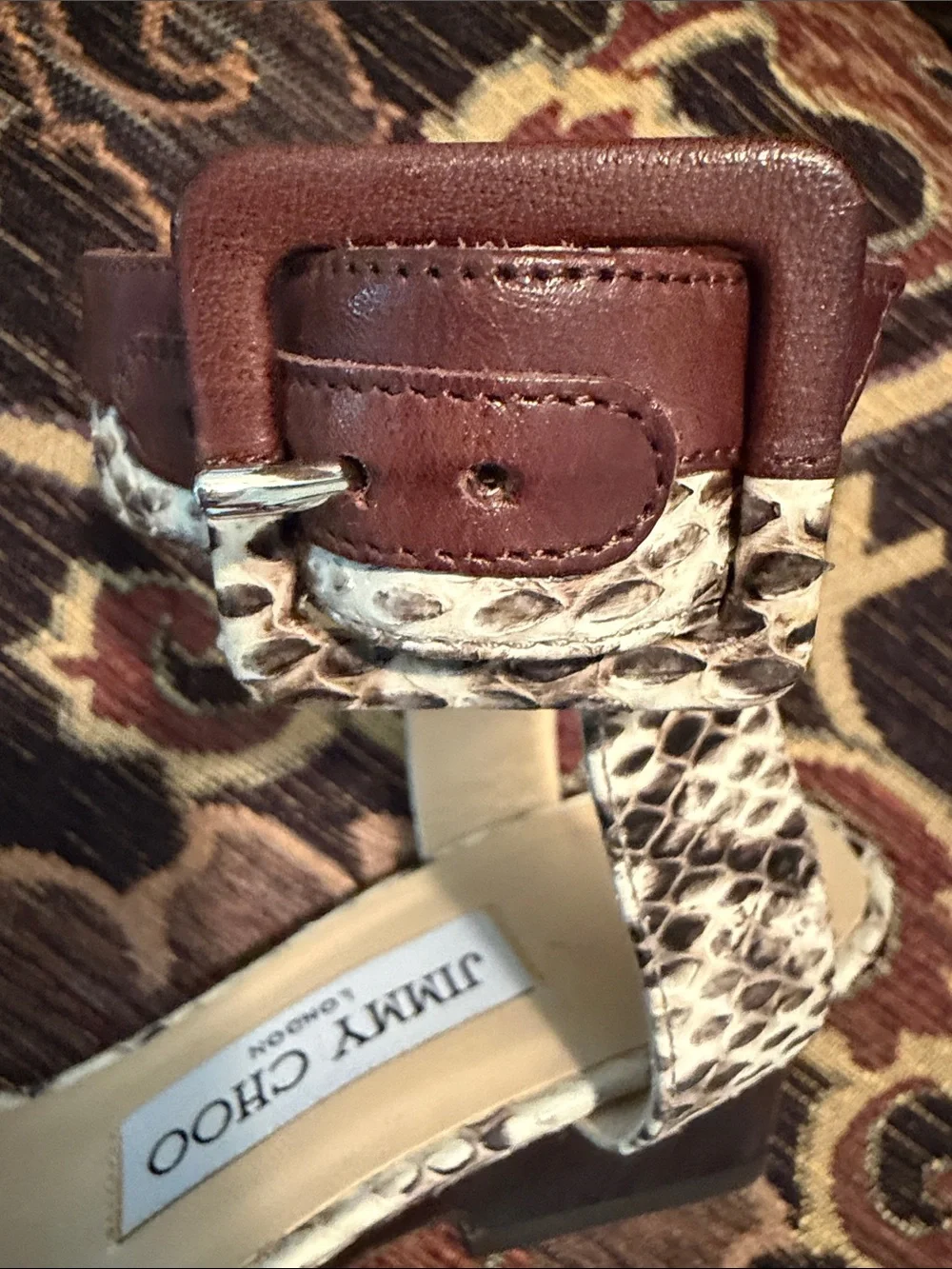 JIMMY CHOO GORGEOUS SNAKE & LEATHER LO WEDGE SANDALS